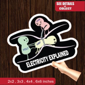 May include: A sticker with a black border and the words "ELECTRICITY EXPLAINED". The sticker features cartoon figures labeled VOLT, AMP, and OHM, connected by lines. The sticker is available in 5.08x5.08, 7.62x7.62, 10.16x10.16, and 15.24x15.24 cm sizes.