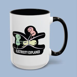 Puede incluir: Una taza de cerámica blanca con interior y asa negros. El exterior presenta una ilustración gráfica de tres personajes de dibujos animados etiquetados como Volt, Amp y Ohm, con el texto ELECTRICITY EXPLAINED impreso en blanco sobre fondo negro.