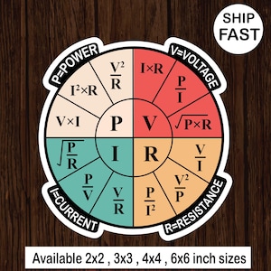Adesivo per ruota con formula della legge di Ohm - Decalcomania con grafico a torta della legge di Ohm - Regalo di ingegneria elettrica - Adesivo per studenti di fisica