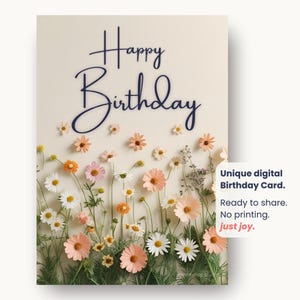 Cartão de aniversário floral 3D AI Art – Design digital de flores silvestres – Sem impressão – Download instantâneo JPEG – Envie via iMessage ou e-mail, presente para ela