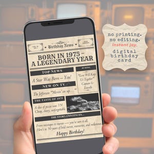 Cartão de aniversário de 1975 para download digital para 50º aniversário Nascido em 1975, estilo jornal, celular, JPEG