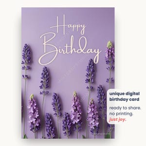 Cartão de aniversário exclusivo, saudação digital de lavanda – Design floral 3D com IA – JPEG – Sem impressão – Enviar via iMessage, WhatsApp ou e-mail