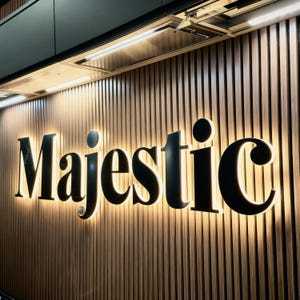 Puede incluir: Un letrero de pared tridimensional con la palabra Majestic en letras grandes de color negro con remates. Las letras est&aacute;n montadas sobre una pared de listones de madera verticales y retroiluminadas con un brillo blanco c&aacute;lido y difuso.