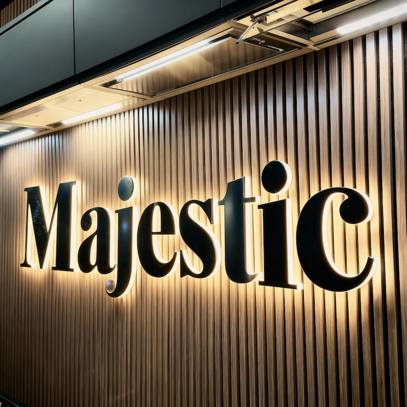 Puede incluir: Un letrero de pared tridimensional con la palabra Majestic en letras grandes de color negro con remates. Las letras est&aacute;n montadas sobre una pared de listones de madera verticales y retroiluminadas con un brillo blanco c&aacute;lido y difuso.