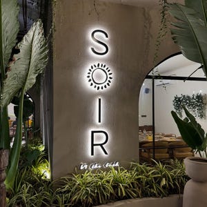 Puede incluir: Un letrero de pared vertical con las letras retroiluminadas S, O, I, R, donde un icono de sol reemplaza la letra O. El letrero est&aacute; montado en una pared beige texturizada, iluminado desde atr&aacute;s y rodeado de exuberantes plantas tropicales.