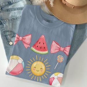 Summer Vacation T-Shirt, Sun Flamingo Watermelon Beach Ball Lollipop Design Tee