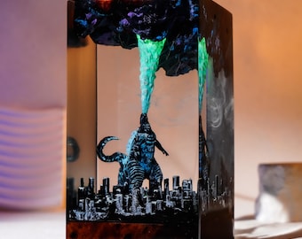 Godzilla Resin Lamp | Handmade Kaiju Diorama | Epic Monster LED Light | Christmas Gift for Movie Fans & Collectors