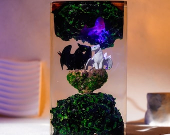Toothless & Light Fury Resin Lamp | Handmade Dragon Diorama | Christmas Gift for Couples | Fantasy Night Light | Romantic Desk Decor