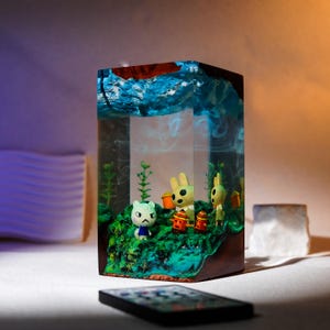 Może przedstawiać: Prostokątny element artystyczny z żywicy z miniaturową dioramą. Diorama zawiera figurki postaci z kresk&oacute;wek, zielone liście i niebiesko-brązowe tło z żywicy. Czarny pilot znajduje się na pierwszym planie.