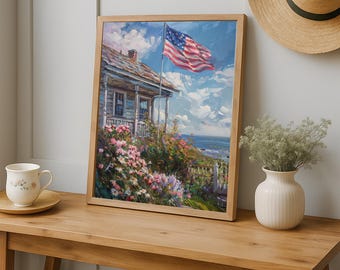 Coastal American Flag Print: Vintage Beach House 4th of July (Digital Download)