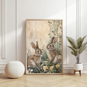 Vintage Bunny Wall Art, Muted Spring Rabbit Print, Cozy Cottagecore Nursery Decor, Rustic Bunny Printable