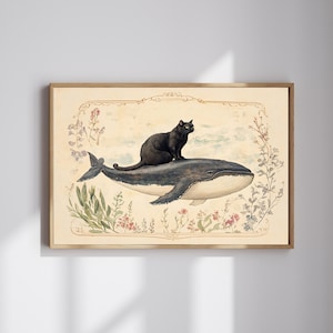 Black Cat Riding Whale Vintage Collage Print, Tea Stain Cat Art, Gifts for Cat Lovers, Whale Artwork, Boyfriend Gift Idea