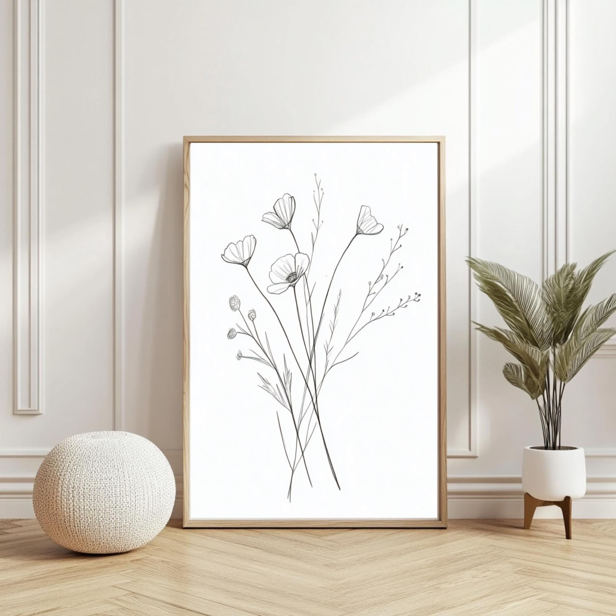 Minimalist Wildflower Line Art Print: Black and White Botanical Sketch ...
