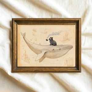 Black Cat Riding Whale Wall Art | Vintage Collage Tea Stain Print | Cat Lover Gift | Whale Art Print | Christmas Gift for Boyfriend
