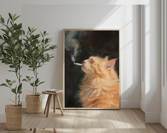 Cat Smoking Cigarette Print, Funny Orange Cat Vintage Oil Painting Poster,  Whimsical Animal Art for Cabin Wall or Bar Cart, Quirky Decor