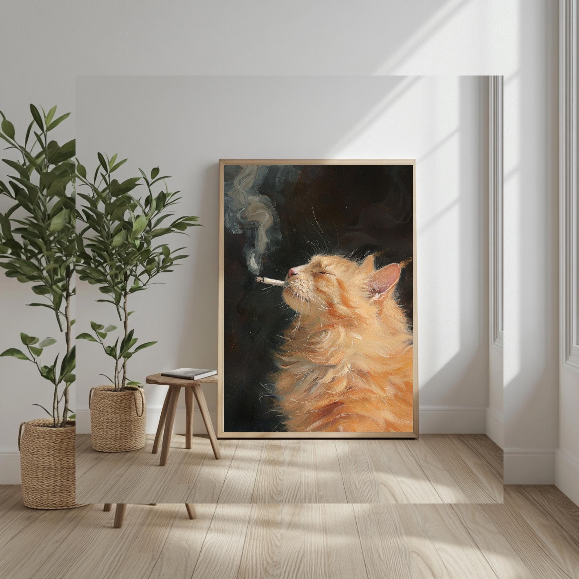 Cat Smoking Cigarette Print, Funny Orange Cat Vintage Oil Painting Poster,  Whimsical Animal Art for Cabin Wall or Bar Cart, Quirky Decor