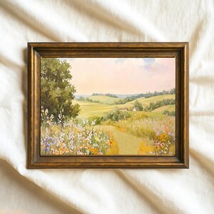 Pastel Wildflower Landscape Print – Peach Country Wall Art, Soft Farmhouse Decor, Vintage Digital Nursery Download