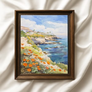 La Jolla Watercolor Print, California Coast Poster, San Diego Wall Art, Coastal Flower Wall Decor, La Jolla Beach Art