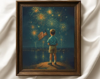 Vintage 4th of July Wall Art | Printable Boy with American Flag and Fireworks | Patriotic USA Independence Day Decor | Digital Download