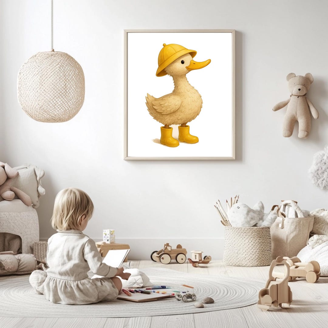Raincoat Duck Nursery Wall Art | Yellow Gender Neutral Decor | Cute ...