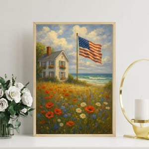 Vintage 4th of July Coastal Art Print | Patriotic Canvas Style | American Flag Independence Day Wall Decor | Digital Download