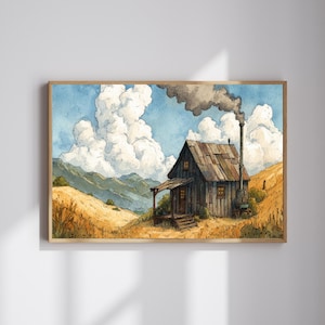 Rustic Cabin Watercolor Print: Vintage Farmhouse Landscape (Digital Download)