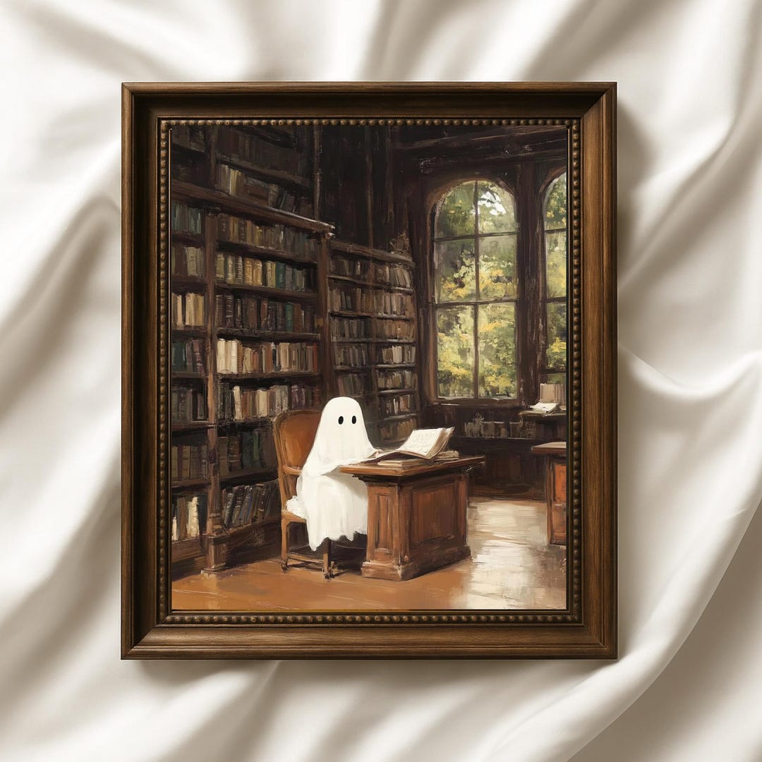 Little Ghost Reading in Library Print, Spooky Vintage Wall Art, Dark ...