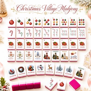 Könnte beinhalten: Ein Set weißer Mahjong-Spielsteine mit weihnachtlichen Motiven wie Christbaumkugeln, Zuckerstangen, Schlitten, Kompassen, Nussknackern und Winterlandschaften, angeordnet in Reihen mit nummerierten Beschriftungen und Texten wie CRAKS und FLOWER.