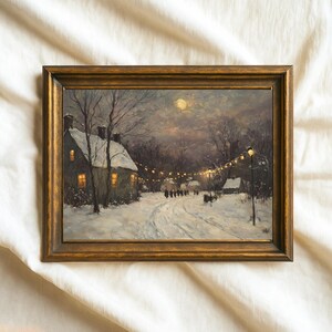 Winter Evening Landscape Wall Art, Vintage Snowy Village Print, Antique Holiday Painting for Rustic Christmas Home Decor