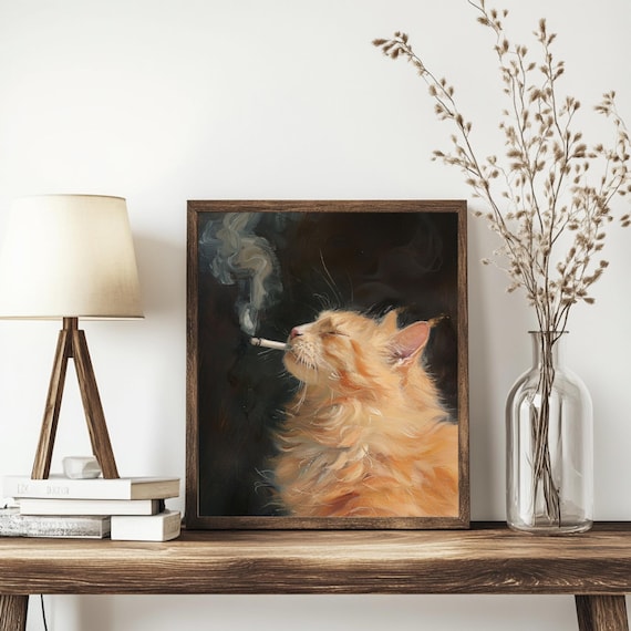 Cat Smoking Cigarette Print, Funny Orange Cat Vintage Oil Painting Poster,  Whimsical Animal Art for Cabin Wall or Bar Cart, Quirky Decor