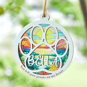 Dog Memorial Suncatcher, Loss of Pet Sympathy Gift, Custom Pet Window Ornament with Name, Paw Print Design, Forever in Our Hearts