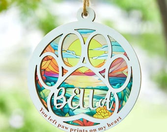 Dog Memorial Suncatcher, Loss of Pet Sympathy Gift, Custom Pet Window Ornament with Name, Paw Print Design, Forever in Our Hearts