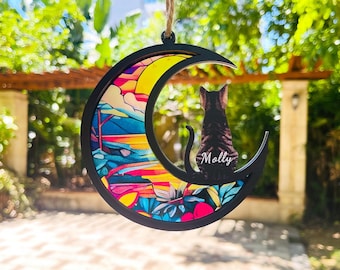 Personalized Cat Memorial Suncatcher,Custom Name Cat,Loss of Pet Sympathy Gift,Loss of Cat Remembrance Gift, Cat on Moon,Gift for Cat Lovers