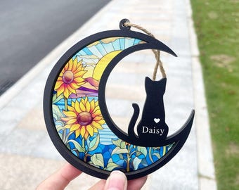 猫メモリアルサンキャッチャー、亡くなったペットのための虹の橋、猫のお悔やみの贈り物、メモリアルギフト、猫の死を偲ぶ贈り物、月の猫