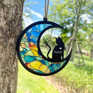 Adorno atrapasol de gato con alas personalizado, regalo conmemorativo personalizado para gatos, regalo de condolencia por la pérdida de un gato, regalo conmemorativo por la pérdida de un gato, gato en la luna