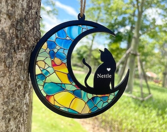 Custom Cat with Wings Suncatcher Ornament, Personalized Cat Memorial Gift, Cat Loss Sympathy Gift, Loss of Cat Remembrance Gift, Cat on Moon