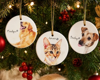 Adorno personalizado de acuarela con foto de mascota, recuerdo redondo de cerámica personalizado con nombre, adorno fotográfico para perro o gato, regalo de recuerdo.