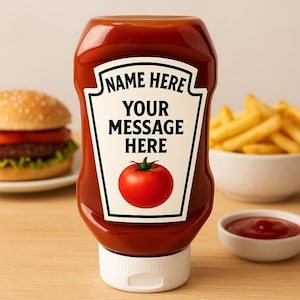 Può includere: Una bottiglia di ketchup rossa con un'etichetta bianca che recita "NAME HERE" e "YOUR MESSAGE HERE" con un'illustrazione di pomodoro rosso. Un hamburger, patatine fritte e una piccola ciotola di ketchup sono sullo sfondo.