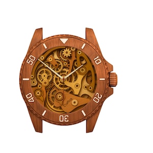 Puede incluir: Reloj de pared de madera con forma de reloj de pulsera. El marco de madera marrón rodea un mecanismo interno detallado. La esfera muestra números y agujas, con la marca "Craftco" visible. Es un artículo decorativo.