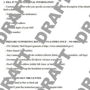 May include: A black and white document with the title "INSTRUCTION - HOW TO USE THIS DISPUTE LETTER DRAFT". The document provides instructions on how to fill out a dispute letter, including personal information, supporting documents, and mailing instructions. The document also includes the text "BY CERTIFIED MAIL WITH K. RECEIPT".