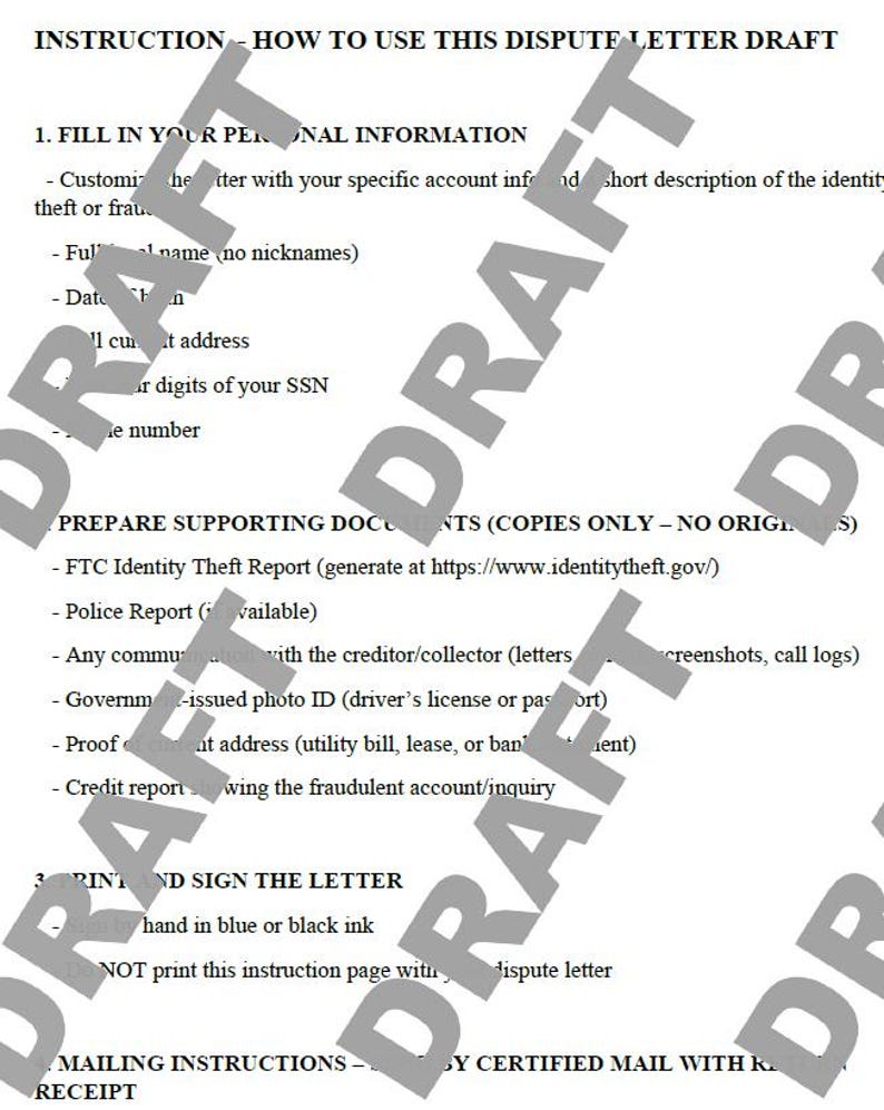 May include: A black and white document with the title "INSTRUCTION - HOW TO USE THIS DISPUTE LETTER DRAFT". The document provides instructions on how to fill out a dispute letter, including personal information, supporting documents, and mailing instructions. The document also includes the text "BY CERTIFIED MAIL WITH K. RECEIPT".