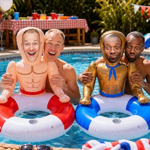 May include: Two inflatable pool floats featuring custom printed faces on the heads of muscular figures. One float has a red and white ring with a tan figure, while the other has a blue and white ring with a gold figure wearing a blue neck scarf.
