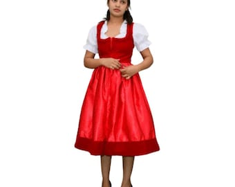 Red Velvet Dirndl Dress for Women | Luxury Oktoberfest German Traditional Dirndl with Free Blouse
