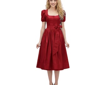 Luxurious Red Cotton Dirndl Dress for Women | Traditional Bavarian Oktoberfest Dirndl with free blouse