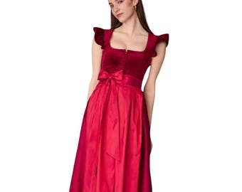 Red Velvet Dirndl Dress for Women | Luxury  Oktoberfest German Traditional Dirndl with free blouse