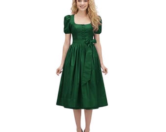Green Cotton Dirndl Dress for Women | Traditional Bavarian Oktoberfest Dirndl with free blouse