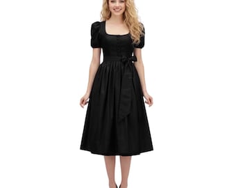 Black Cotton Dirndl Dress for Women | Traditional Bavarian Oktoberfest Dirndl with free blouse