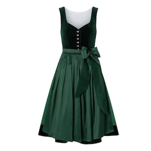 Heart Neck Green Velvet Dirndl Dress | Traditional German Oktoberfest Costume | Luxurious Velvet Fabric Dirndl