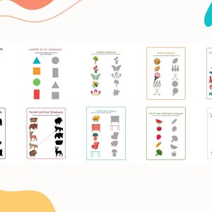 Schede di lavoro per l'abbinamento delle ombre per bambini: fattoria, animali, oggetti e stagioni. PDF stampabile per la scuola materna, età 3-6 anni.