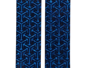 May include: Two rectangular, dark blue objects with a repeating geometric pattern. The pattern is a series of interconnected, three-pronged shapes, creating a textured surface. The objects have a glossy finish and a deep, rich color.